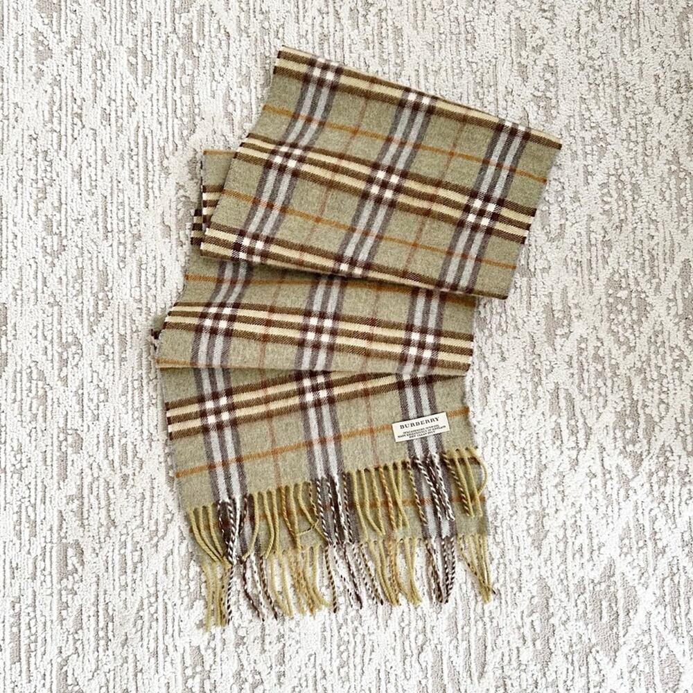 Burberry Nova Check Wool and Cashmere Blend Scarf Green Tan